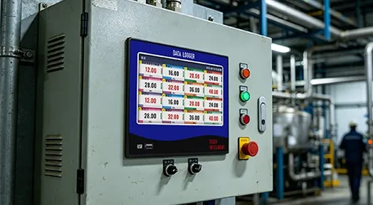 Panel-mounted paperless data logger Paperless data logger mounted on a control panel door with pilot lights, selector switches and a sixteen-channel display
