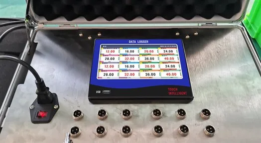 Paperless data logger with 16 active channels Touch-screen paperless data logger displaying 16 live channel values, with 16 M12 sensor connectors on the front panel of a stainless steel case