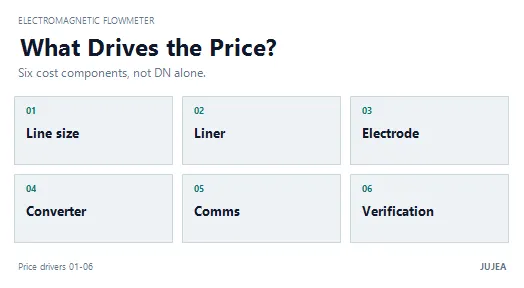 Six cost drivers of an electromagnetic flowmeter: line size, liner, electrode, converter, communication and verification