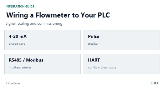 Four integration interfaces for an electromagnetic flowmeter: 4-20 mA, pulse, RS485/Modbus RTU and HART Four integration interfaces for an electromagnetic flowmeter: 4-20 mA, pulse, RS485/Modbus RTU and HART