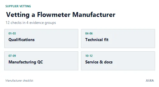 Twelve supplier vetting checks in four groups: qualifications and compliance, technical fit, manufacturing and quality control, service, delivery and documentation Twelve supplier vetting checks in four groups: qualifications and compliance, technical fit, manufacturing and quality control, service, delivery and documentation