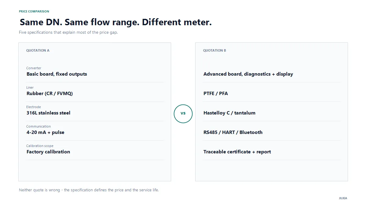 Comparison of two electromagnetic flowmeter quotations with the same DN but different converter board, liner, electrode, communication and calibration specifications