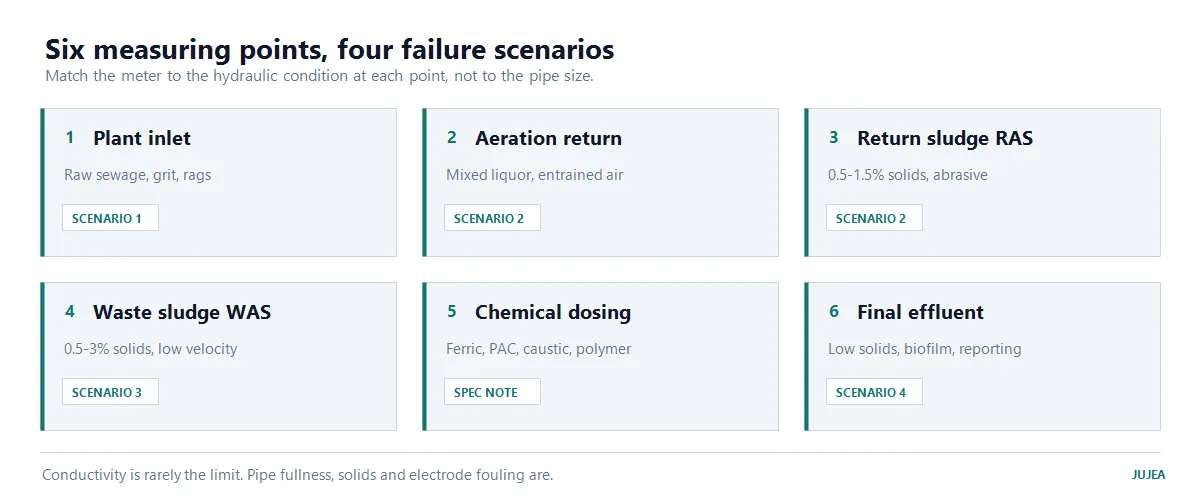 Six measuring points in a wastewater plant mapped to four failure scenarios