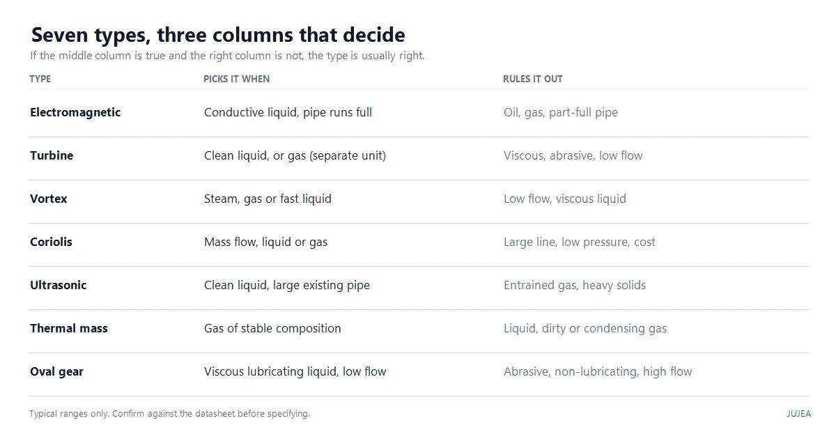 Flow meter types compared by what picks them and what rules them out Flow meter types compared by what picks them and what rules them out